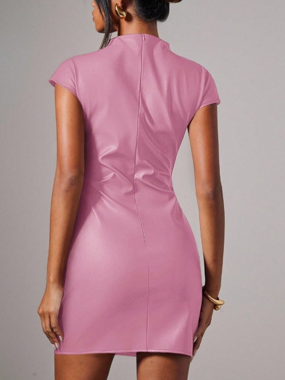 Pink Elegant Women's Minimalist Short Sleeve Polyurethane Mini Dress - Picture 2 of 5